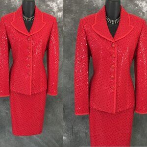 STUNNING St John evening red rhinestones embellished skirt suit size 4